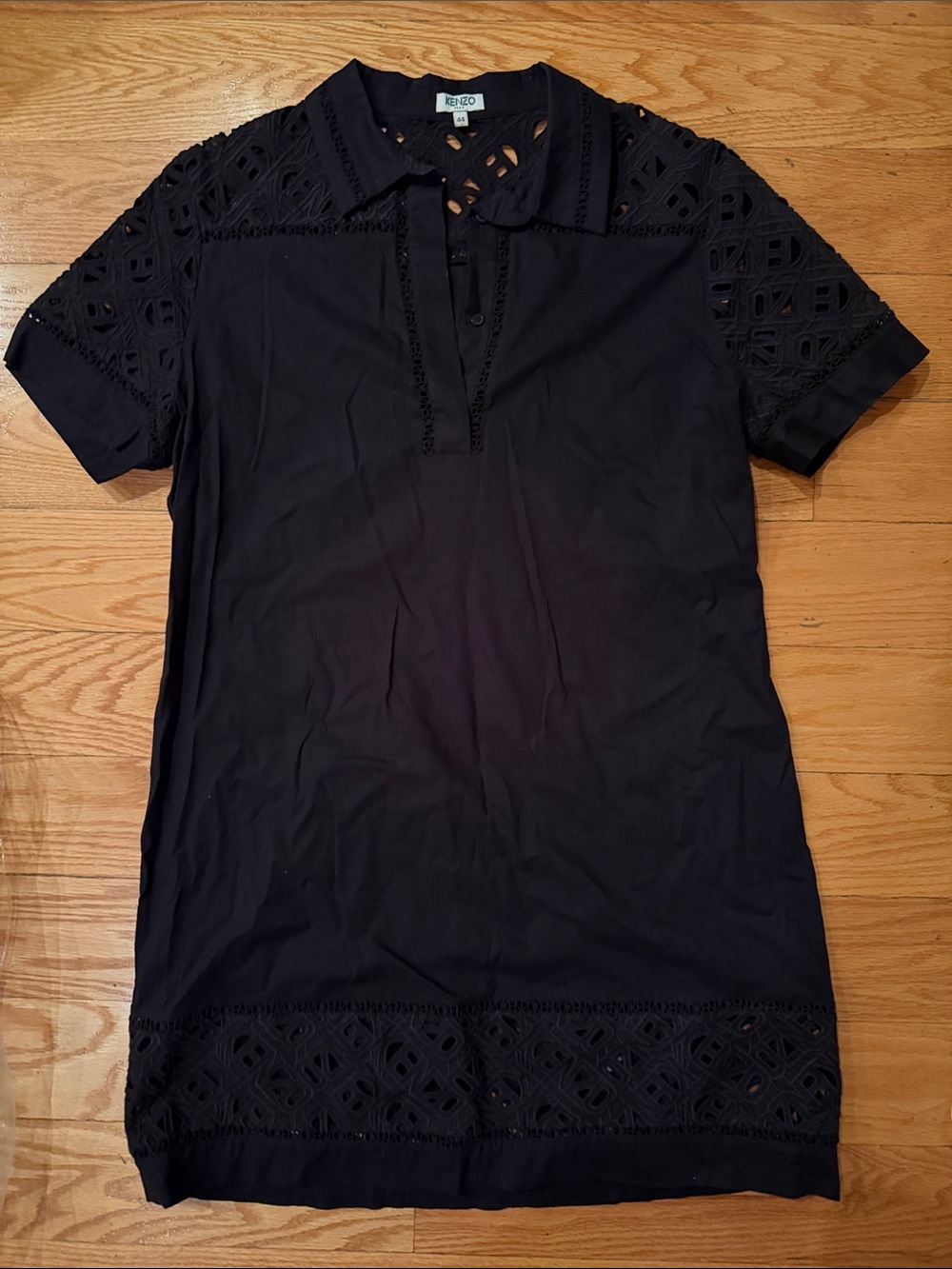 Kenzo Black Polo dresswith Eyelet Lace Sleeves and Hem